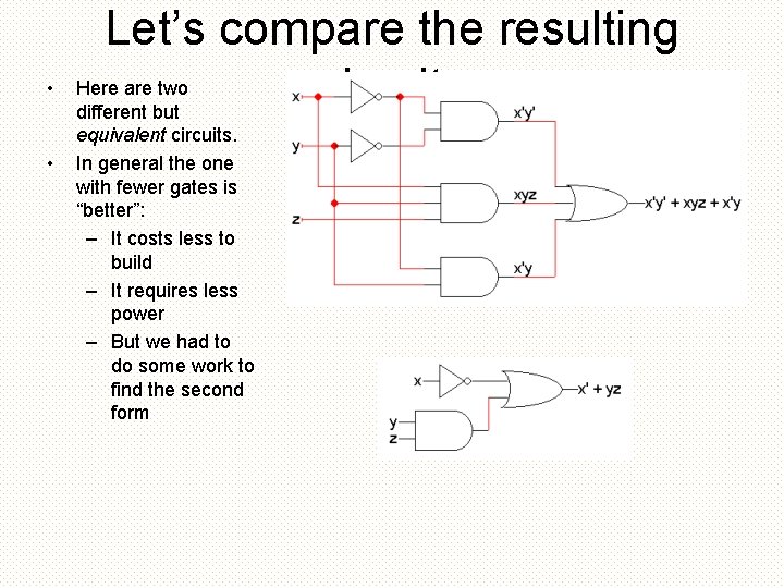  • • Let’s compare the resulting Here are two circuits different but equivalent