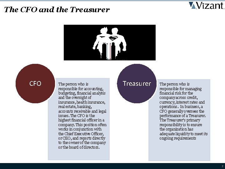 The CFO and the Treasurer CFO The person who is responsible for accounting, budgeting,