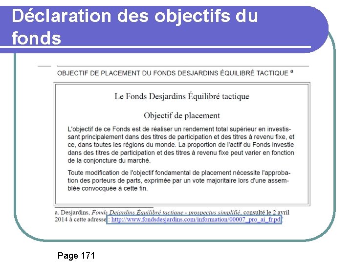 Déclaration des objectifs du fonds Page 171 