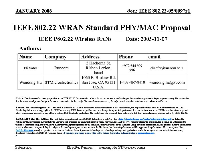 JANUARY 2006 doc. : IEEE 802. 22 -05/0097 r 1 IEEE 802. 22 WRAN