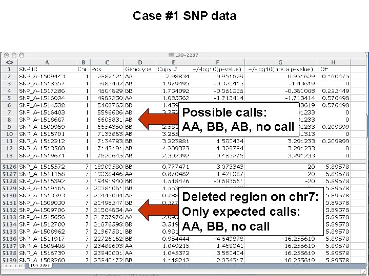 Case #1 SNP data Possible calls: AA, BB, AB, no call Deleted region on