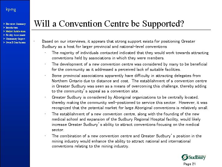 kpmg Ø Executive Summary Ø Introduction Ø Market Justification Ø Facility Assessment Ø Community