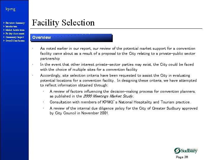 kpmg Ø Executive Summary Ø Introduction Ø Market Justification Ø Facility Assessment Ø Community