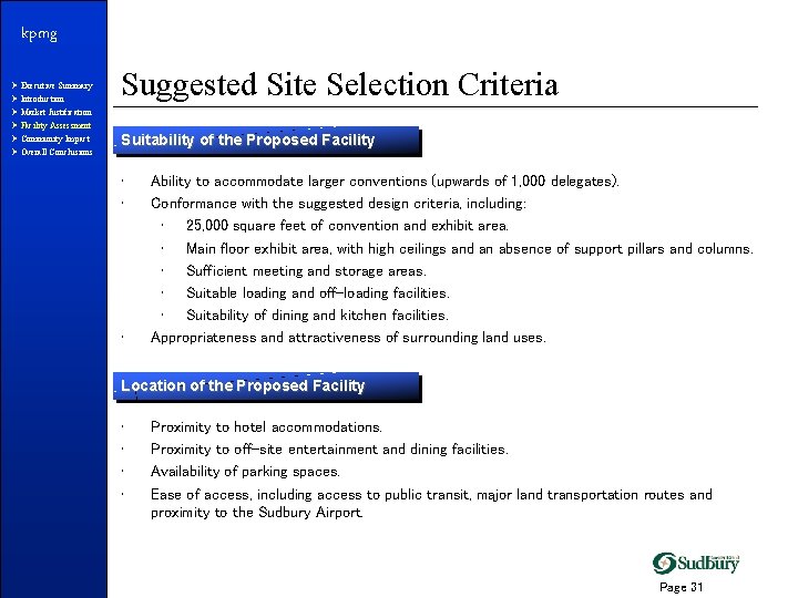 kpmg Ø Executive Summary Ø Introduction Ø Market Justification Ø Facility Assessment Ø Community