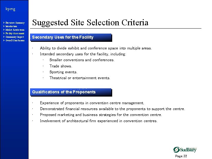 kpmg Ø Executive Summary Ø Introduction Ø Market Justification Ø Facility Assessment Ø Community