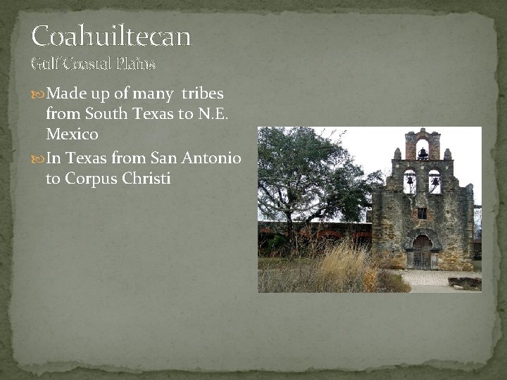 Coahuiltecan Gulf Coastal Plains Made up of many tribes from South Texas to N. Coahuiltecan Gulf Coastal Plains Made up of many tribes from South Texas to N.