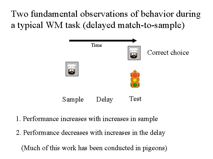 Two fundamental observations of behavior during a typical WM task (delayed match-to-sample) Time Correct