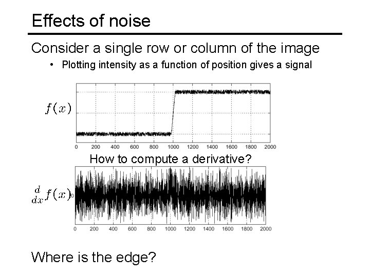 Effects of noise Consider a single row or column of the image • Plotting