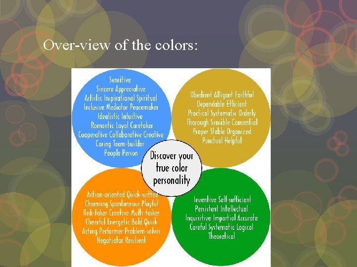 Over-view of the colors: Over-view of the colors: