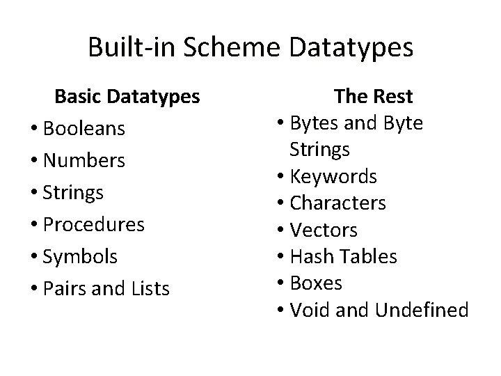 Built-in Scheme Datatypes Basic Datatypes • Booleans • Numbers • Strings • Procedures •