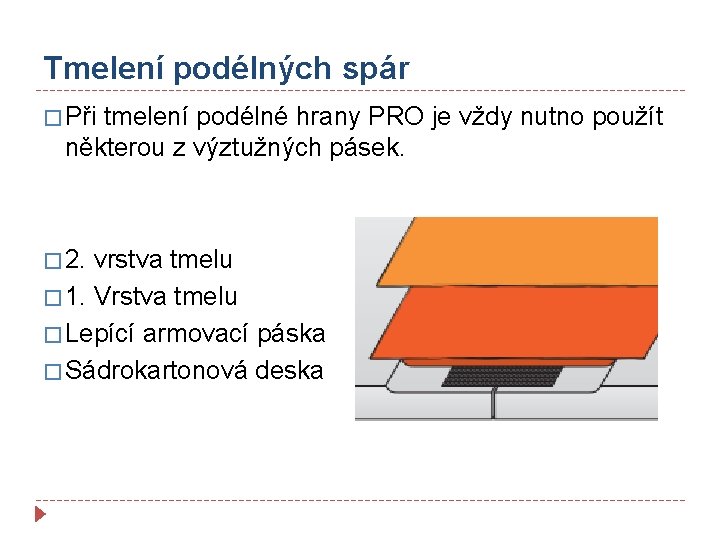 Tmelení podélných spár � Při tmelení podélné hrany PRO je vždy nutno použít některou