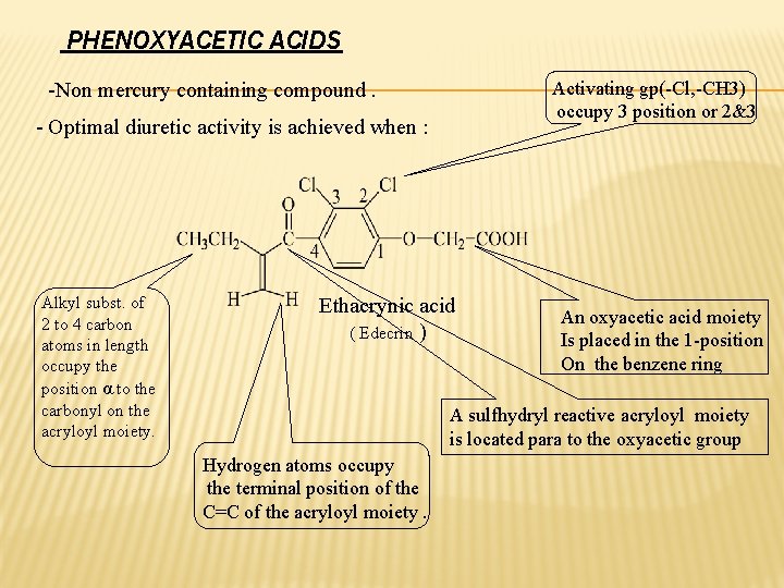 PHENOXYACETIC ACIDS -Non mercury containing compound. Activating gp(-Cl, -CH 3) occupy 3 position or