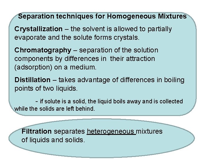 Separation techniques for Homogeneous Mixtures Crystallization – the solvent is allowed to partially evaporate