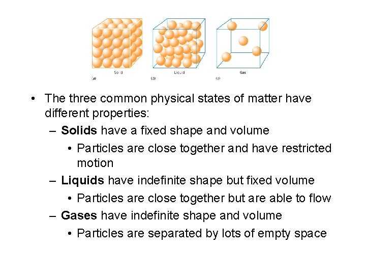  • The three common physical states of matter have different properties: – Solids