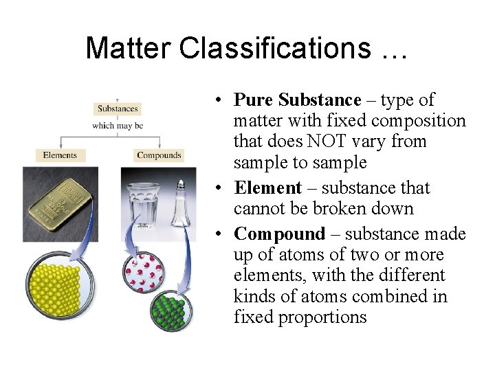 Matter Classifications … • Pure Substance – type of matter with fixed composition that