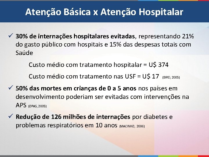 Atenção Básica x Atenção Hospitalar ü 30% de internações hospitalares evitadas, representando 21% do