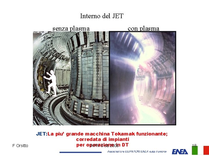 Interno del JET senza plasma F Orsitto con plasma JET: La piu’ grande macchina