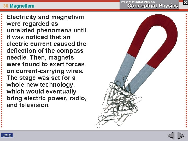 36 Magnetism Electricity and magnetism were regarded as unrelated phenomena until it was noticed