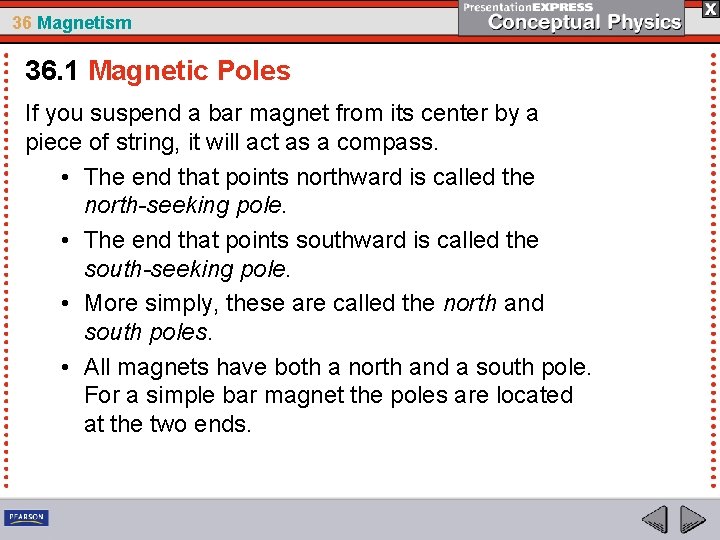 36 Magnetism 36. 1 Magnetic Poles If you suspend a bar magnet from its