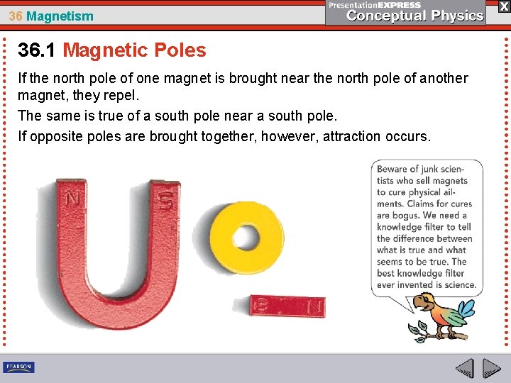36 Magnetism 36. 1 Magnetic Poles If the north pole of one magnet is