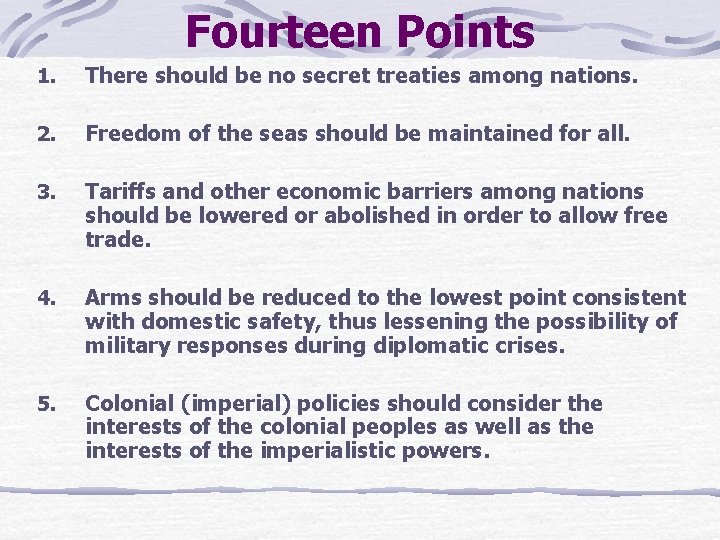 Fourteen Points 1. There should be no secret treaties among nations. 2. Freedom of