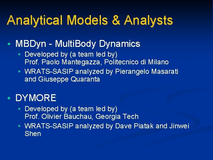 Analytical Models & Analysts • MBDyn - Multi. Body Dynamics • Developed by (a