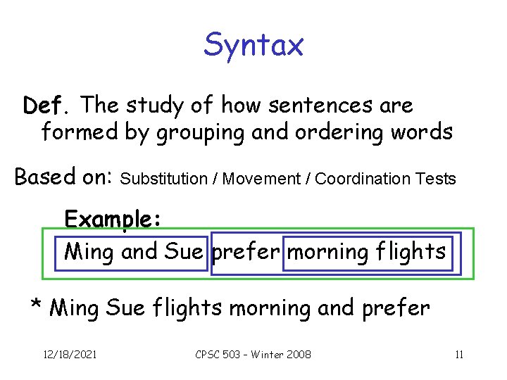 Syntax Def. The study of how sentences are formed by grouping and ordering words