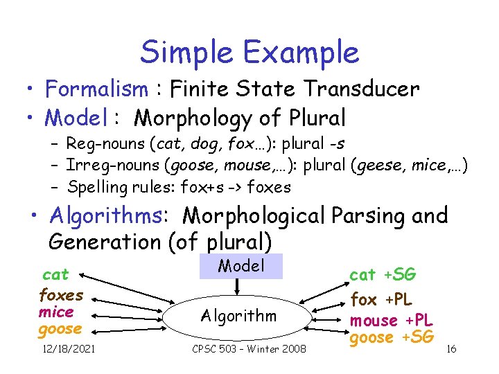 Simple Example • Formalism : Finite State Transducer • Model : Morphology of Plural