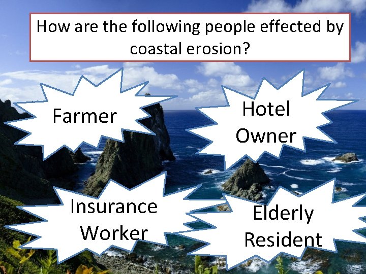 How are the following people effected by coastal erosion? Farmer Insurance Worker Hotel Owner