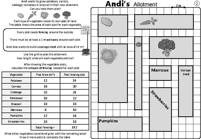 Andi wants to grow potatoes, carrots, cabbage, tomatoes & broccoli in their new allotment.