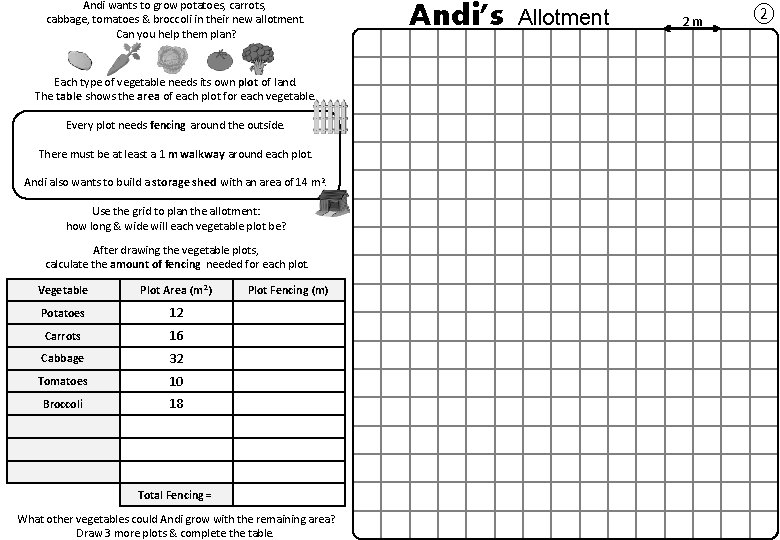 Andi wants to grow potatoes, carrots, cabbage, tomatoes & broccoli in their new allotment.