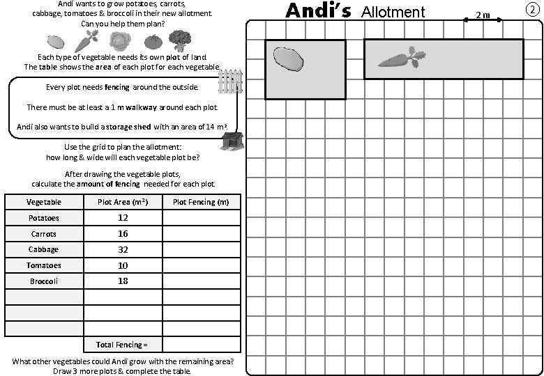 Andi wants to grow potatoes, carrots, cabbage, tomatoes & broccoli in their new allotment.