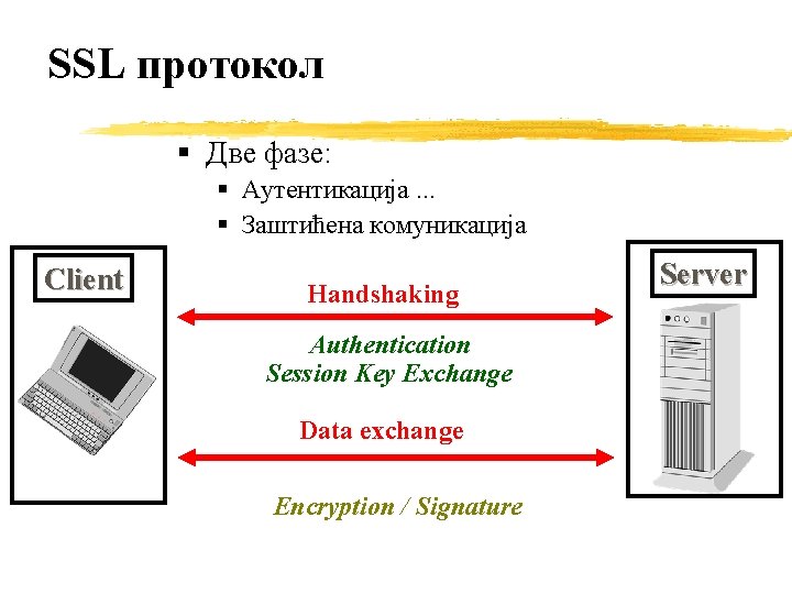 SSL протокол § Две фазе: § Аутентикација. . . § Заштићена комуникација Client Handshaking