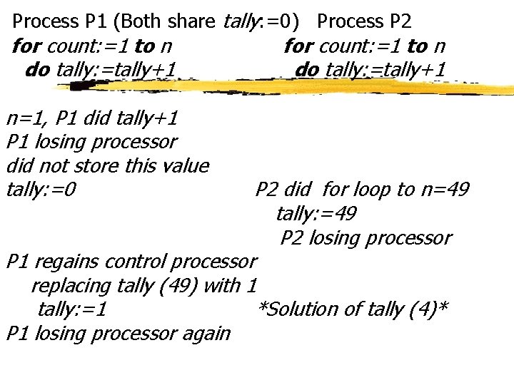 Process P 1 (Both share tally: =0) Process P 2 for count: =1 to