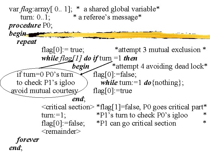 var flag: array[ 0. . 1]; * a shared global variable* turn: 0. .