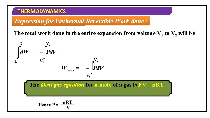 THERMODYNAMICS Expression for Isothermal Reversible Work done : The total work done in the