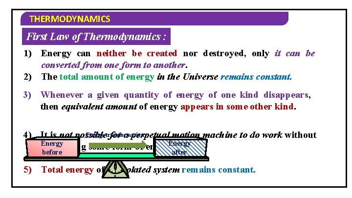 THERMODYNAMICS First Law of Thermodynamics : 1) Energy can neither be created nor destroyed,