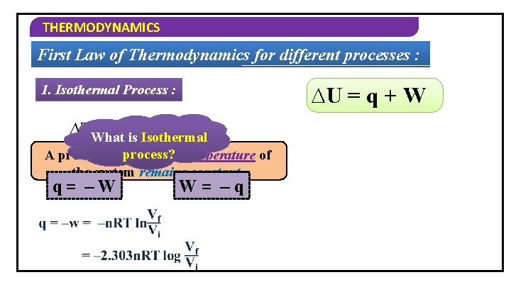 THERMODYNAMICS First Law of Thermodynamics for different processes : 1. Isothermal Process : ∆U