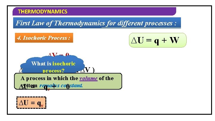 THERMODYNAMICS First Law of Thermodynamics for different processes : 4. Isochoric Process : ∆V