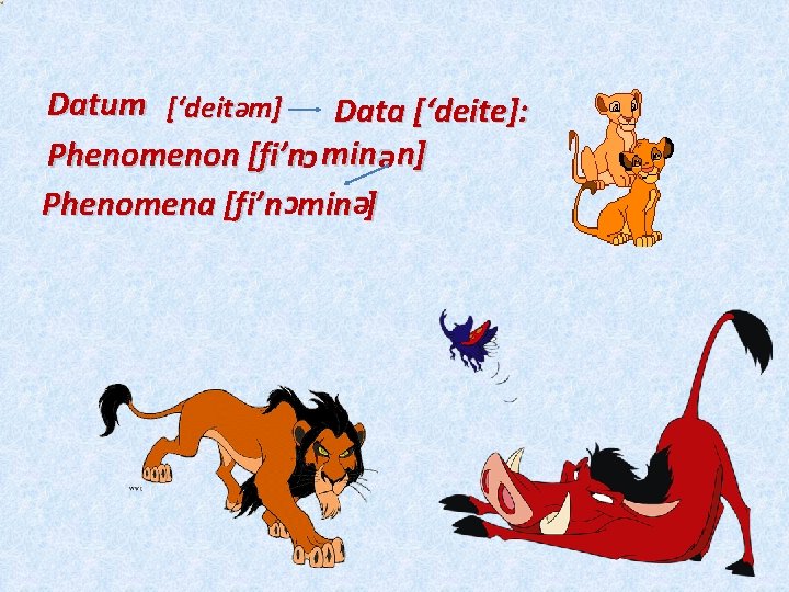 Datum [‘deit m] Data [‘deite]: Phenomenon [fi’n min n] Phenomena [fi’n min ] e