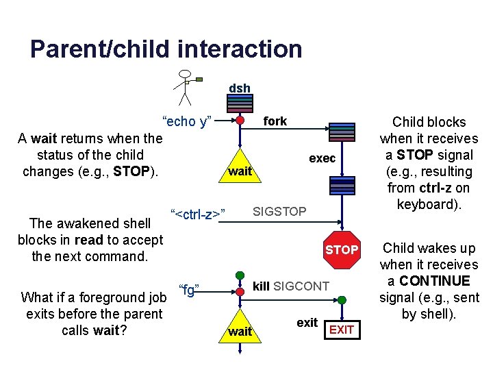 Parent/child interaction dsh “echo y” A wait returns when the status of the child