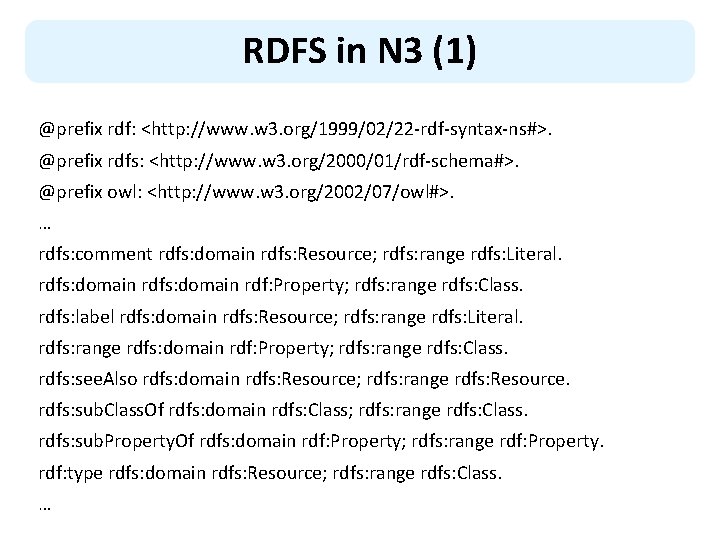 RDFS in N 3 (1) @prefix rdf: <http: //www. w 3. org/1999/02/22 -rdf-syntax-ns#>. @prefix