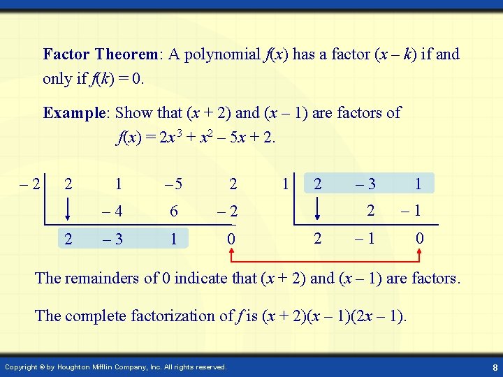 Factor Theorem: A polynomial f(x) has a factor (x – k) if and only