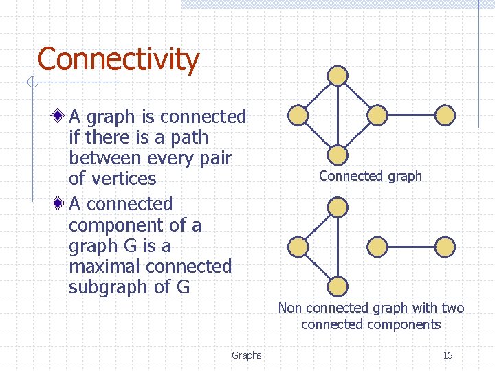Connectivity A graph is connected if there is a path between every pair of Connectivity A graph is connected if there is a path between every pair of