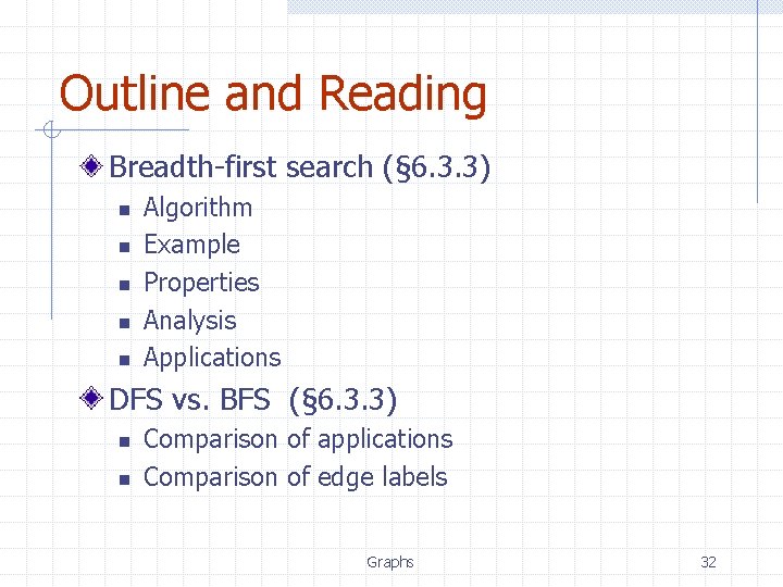 Outline and Reading Breadth-first search (§ 6. 3. 3) n n n Algorithm Example Outline and Reading Breadth-first search (§ 6. 3. 3) n n n Algorithm Example