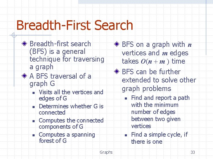 Breadth-First Search Breadth-first search (BFS) is a general technique for traversing a graph A Breadth-First Search Breadth-first search (BFS) is a general technique for traversing a graph A