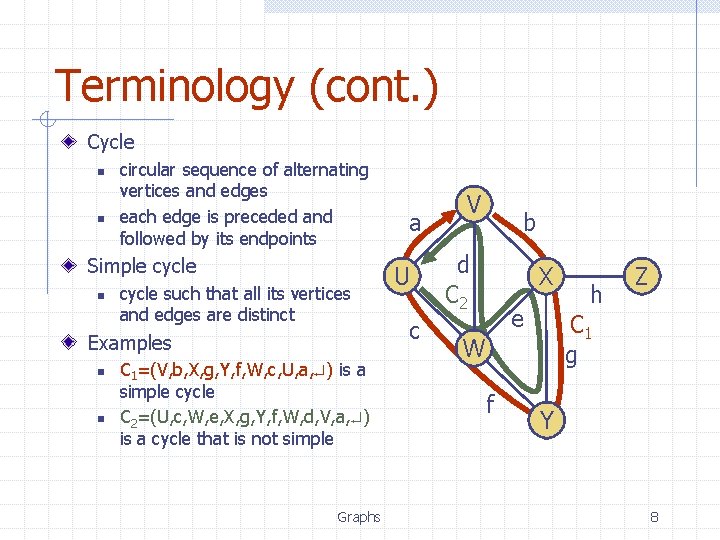 Terminology (cont. ) Cycle n n circular sequence of alternating vertices and edges each Terminology (cont. ) Cycle n n circular sequence of alternating vertices and edges each