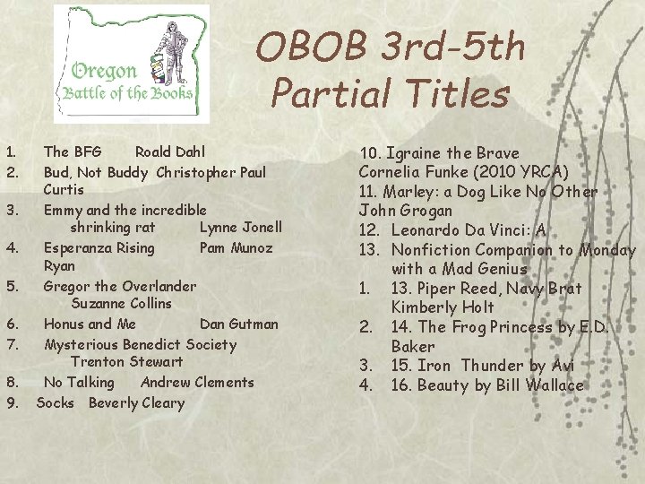 OBOB 3 rd-5 th Partial Titles 1. 2. 3. 4. 5. 6. 7. 8.