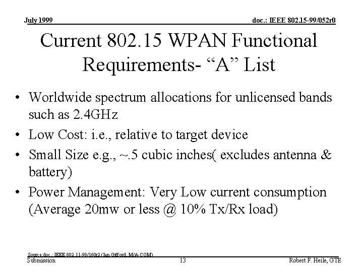 July 1999 doc. : IEEE 802. 15 -99/052 r 0 Current 802. 15 WPAN