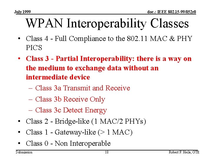 July 1999 doc. : IEEE 802. 15 -99/052 r 0 WPAN Interoperability Classes •